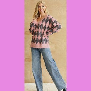 New GIGIO by UMGEE S M Pink Gray Argyle Fluffy V Neck Pullover Sweater Top